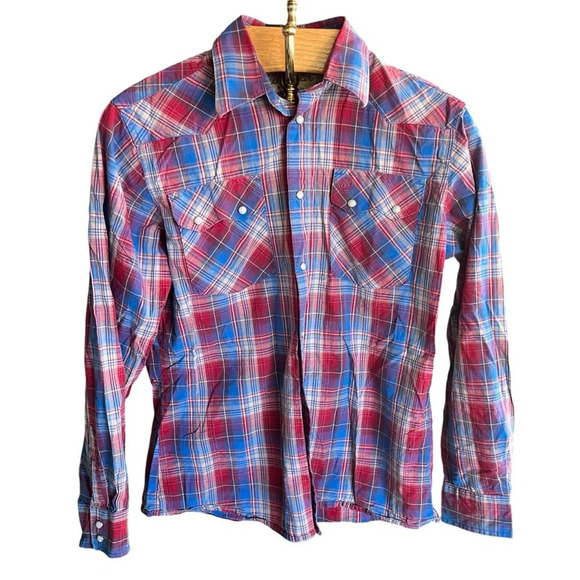 Wrangler Other - WRANGLER ~ Boy’s Red White Blue Plaid Western Pearl Snap Long Sleeve Button Down